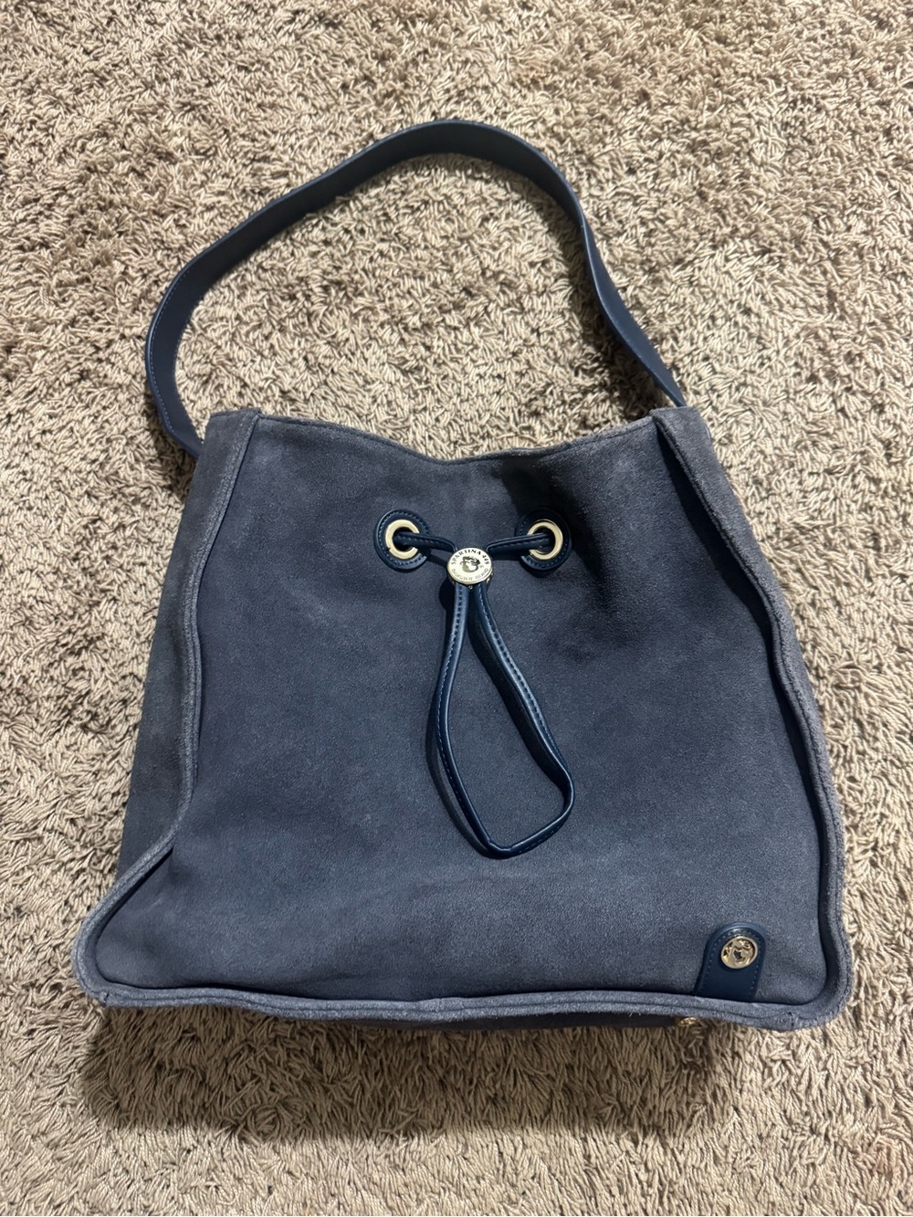 Spartina 449 Navy Suede Drawstring Shoulder Bag
